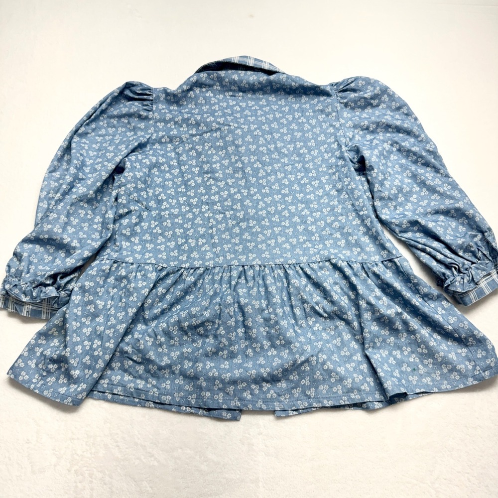 Peony Floral Peplum‎ Blouse Womens Size L Blue Cottagecore Embroidered Top